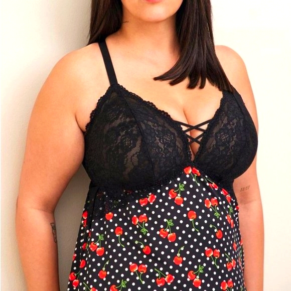 ❤️NWT VINTAGE TORRID LINGERIE WIRELESS BABYDOLL CHEMISE CHERRY PRINT STRAPPY - Picture 9 of 14